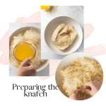 collage process knafeh in white bowl pouring butter pulling dough a part