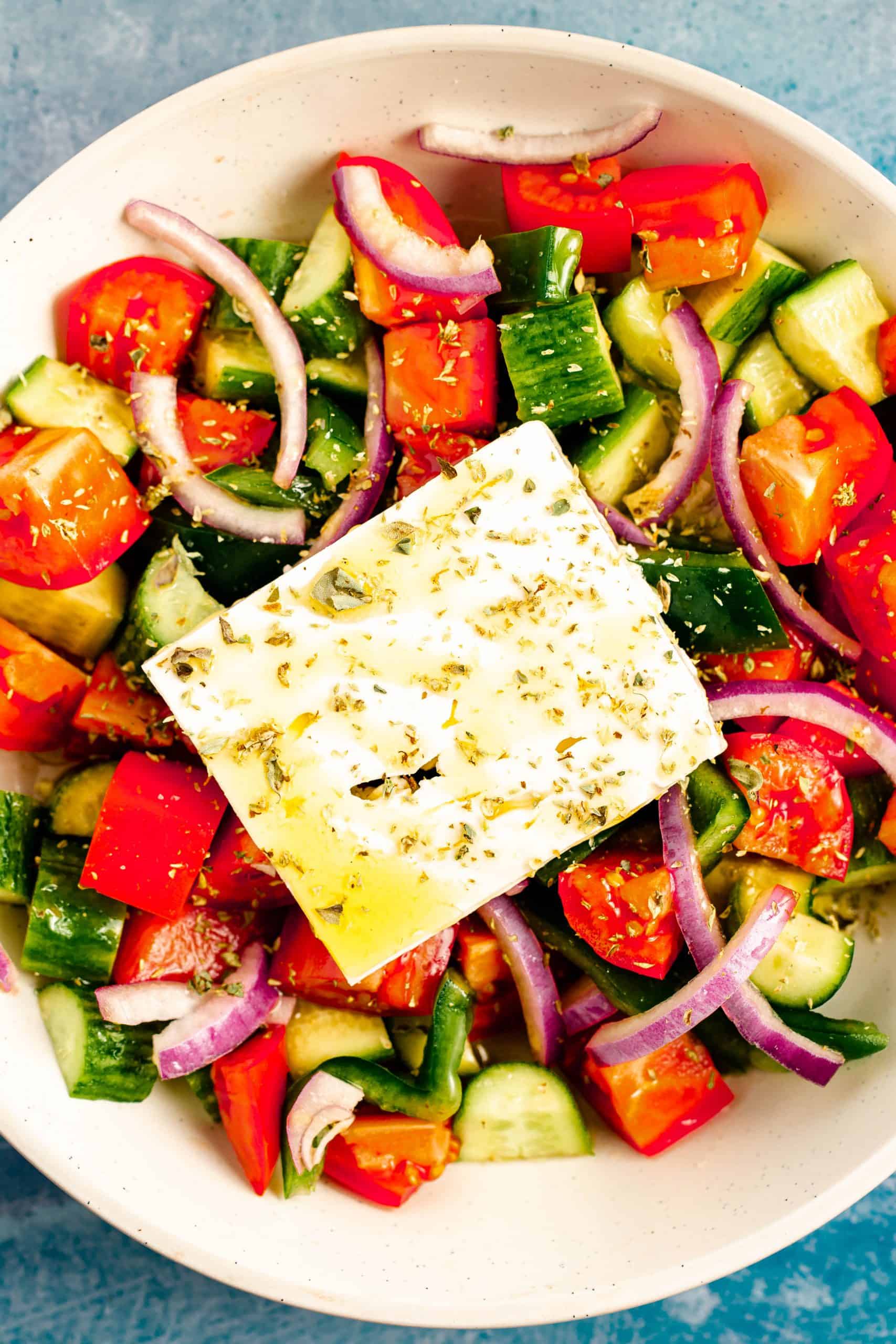tomatoes, cucumbers, red onion and feta cheese salad