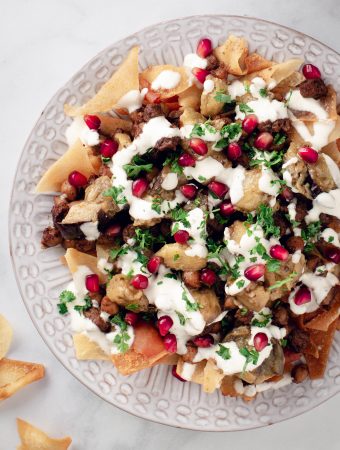 close up picture of beef & eggplant fatteh