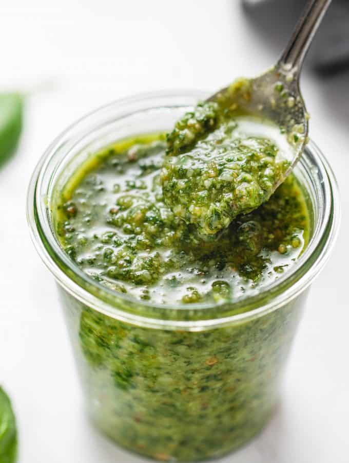 close up of the easy pesto on a spoon