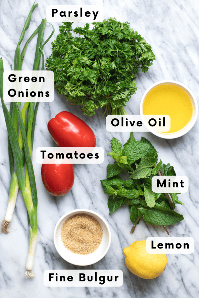 tabouli ingredients parsley, olive oil, mint, tomatoes, green onions, lemon & bulgur